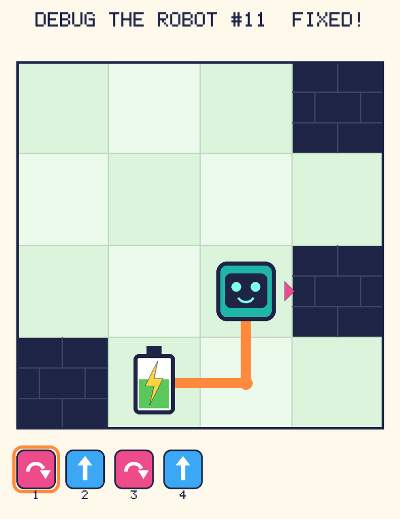 The fixed program, with Beep's route to the battery drawn as an orange line.