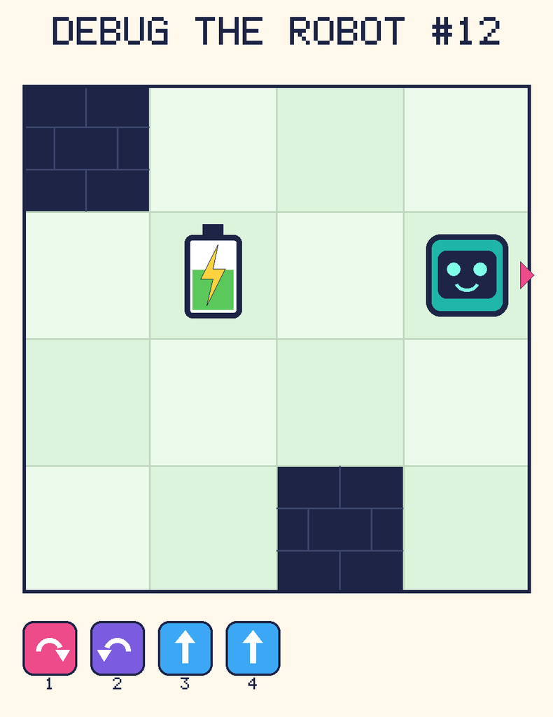 Debug the Robot 12. Beep starts at column 4, row 2, facing right. The battery is at column 2, row 2. Grid squares are counted from the top-left corner. Dark brick squares are walls.