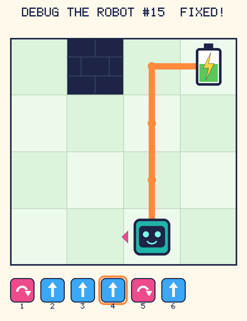 The fixed program, with Beep's route to the battery drawn as an orange line.