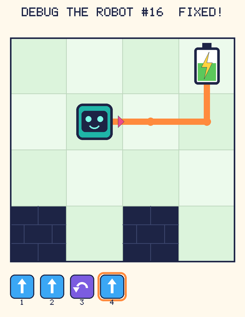 The fixed program, with Beep's route to the battery drawn as an orange line.