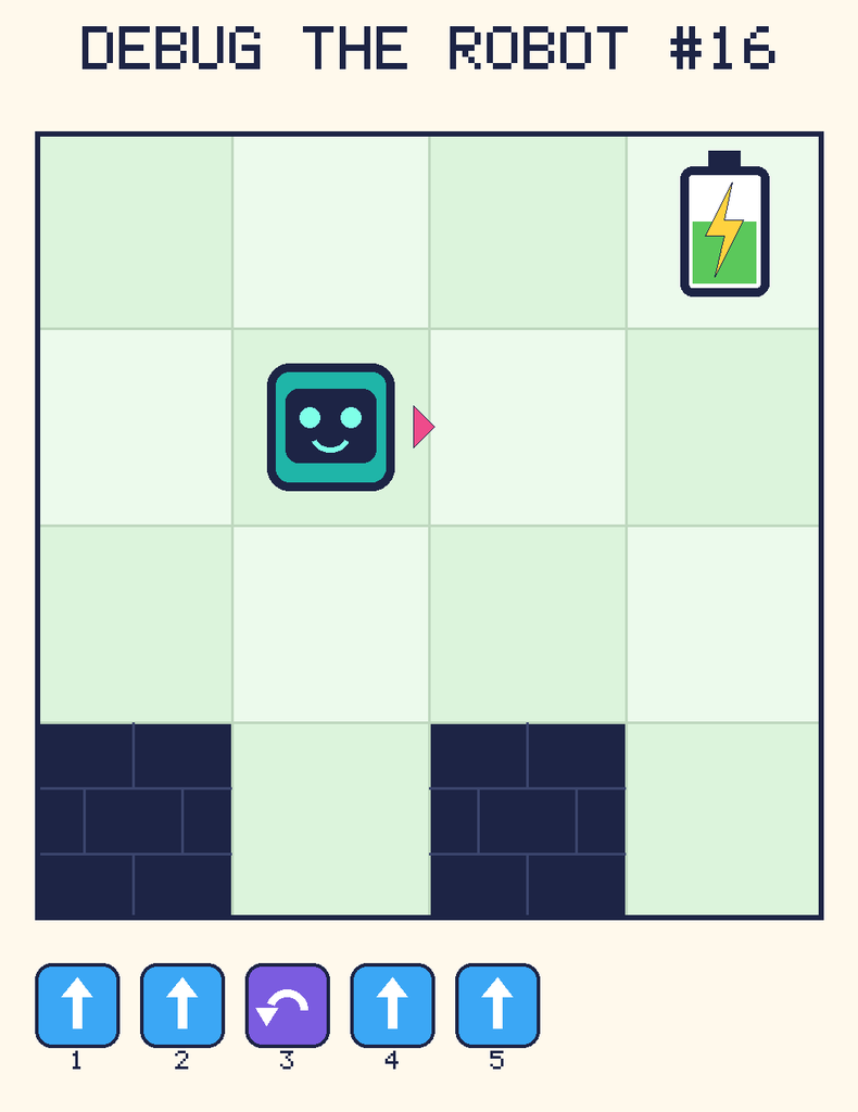 Debug the Robot 16. Beep starts at column 2, row 2, facing right. The battery is at column 4, row 1. Grid squares are counted from the top-left corner. Dark brick squares are walls.