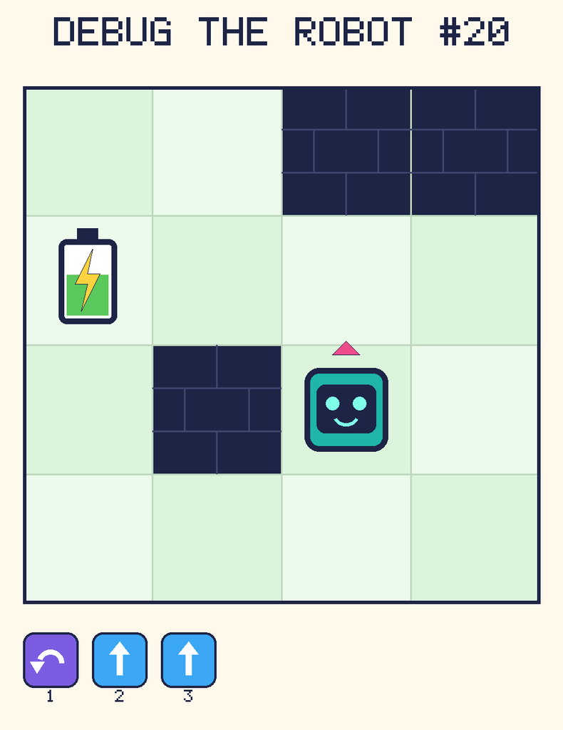 Debug the Robot 20. Beep starts at column 3, row 3, facing up. The battery is at column 1, row 2. Grid squares are counted from the top-left corner. Dark brick squares are walls.