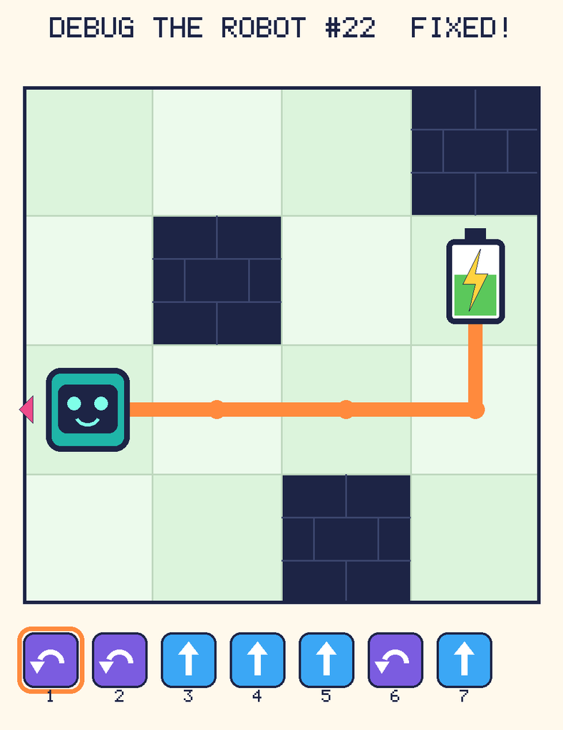 The fixed program, with Beep's route to the battery drawn as an orange line.