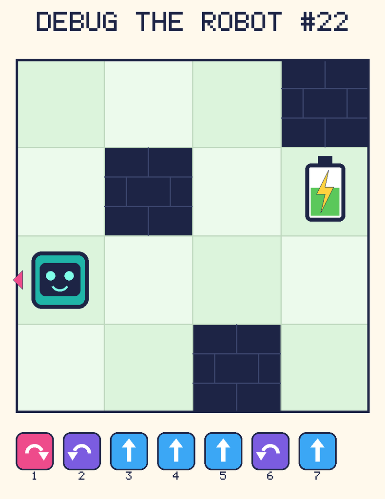 Debug the Robot 22. Beep starts at column 1, row 3, facing left. The battery is at column 4, row 2. Grid squares are counted from the top-left corner. Dark brick squares are walls.
