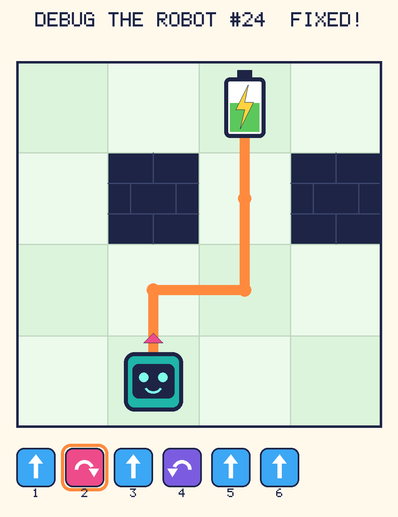 The fixed program, with Beep's route to the battery drawn as an orange line.