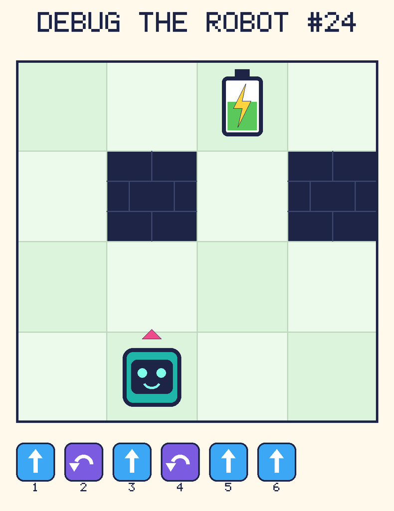 Debug the Robot 24. Beep starts at column 2, row 4, facing up. The battery is at column 3, row 1. Grid squares are counted from the top-left corner. Dark brick squares are walls.