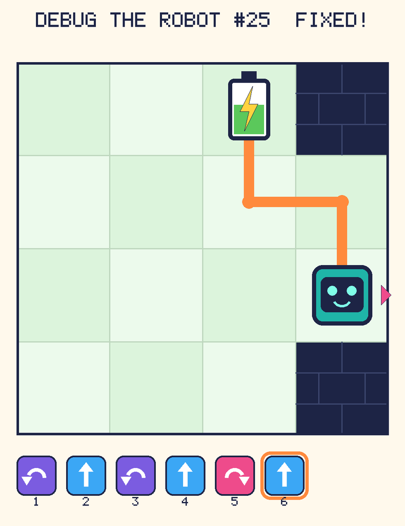 The fixed program, with Beep's route to the battery drawn as an orange line.