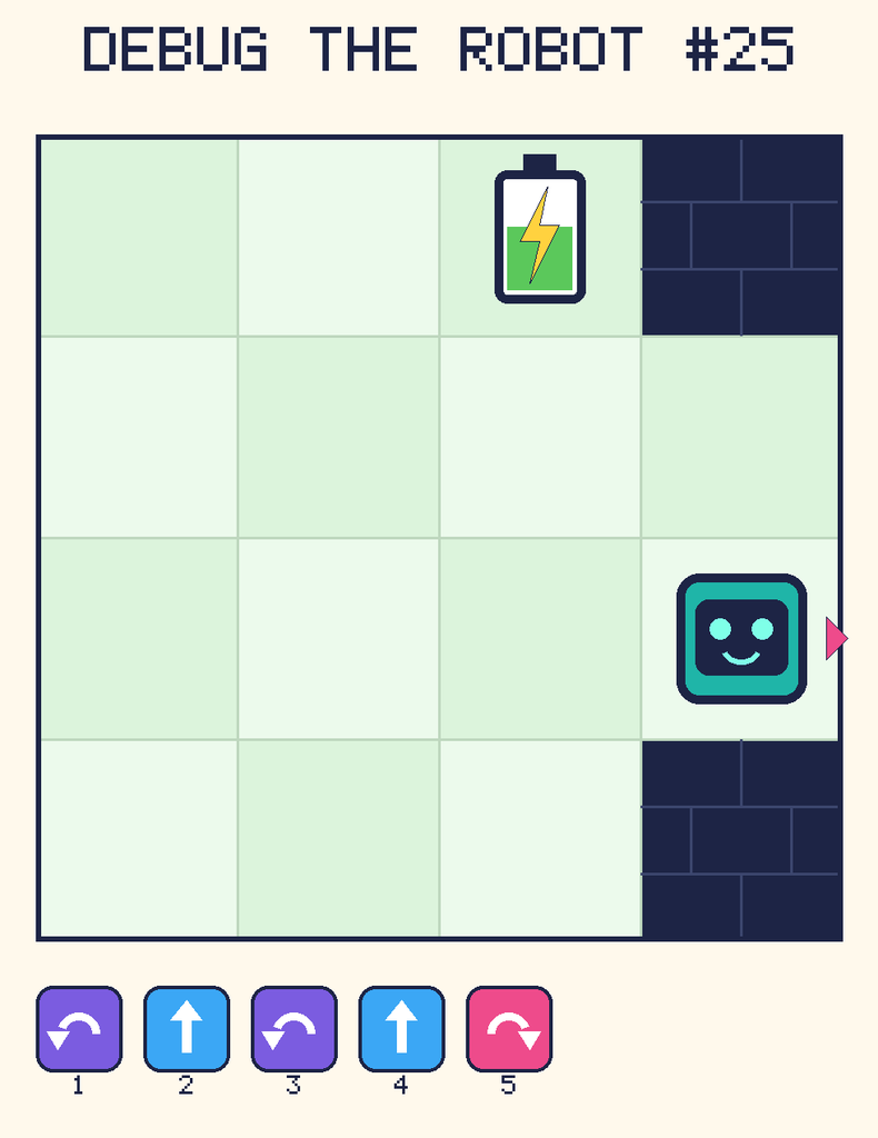 Debug the Robot 25. Beep starts at column 4, row 3, facing right. The battery is at column 3, row 1. Grid squares are counted from the top-left corner. Dark brick squares are walls.