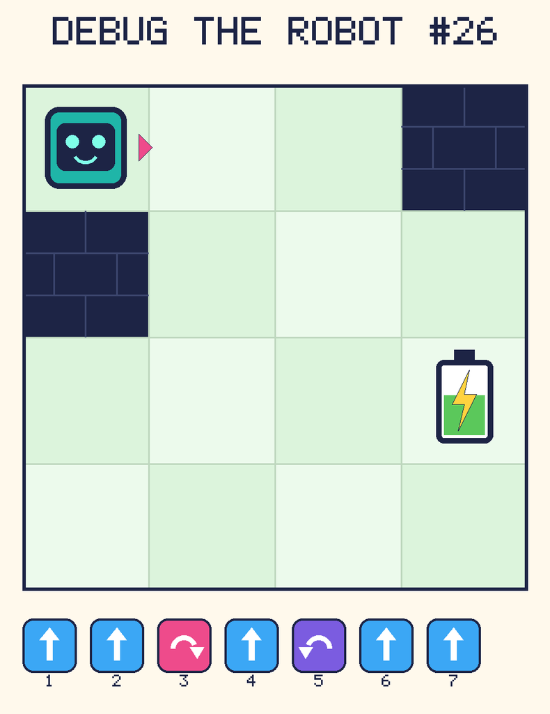 Debug the Robot 26. Beep starts at column 1, row 1, facing right. The battery is at column 4, row 3. Grid squares are counted from the top-left corner. Dark brick squares are walls.