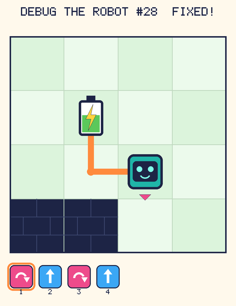 The fixed program, with Beep's route to the battery drawn as an orange line.
