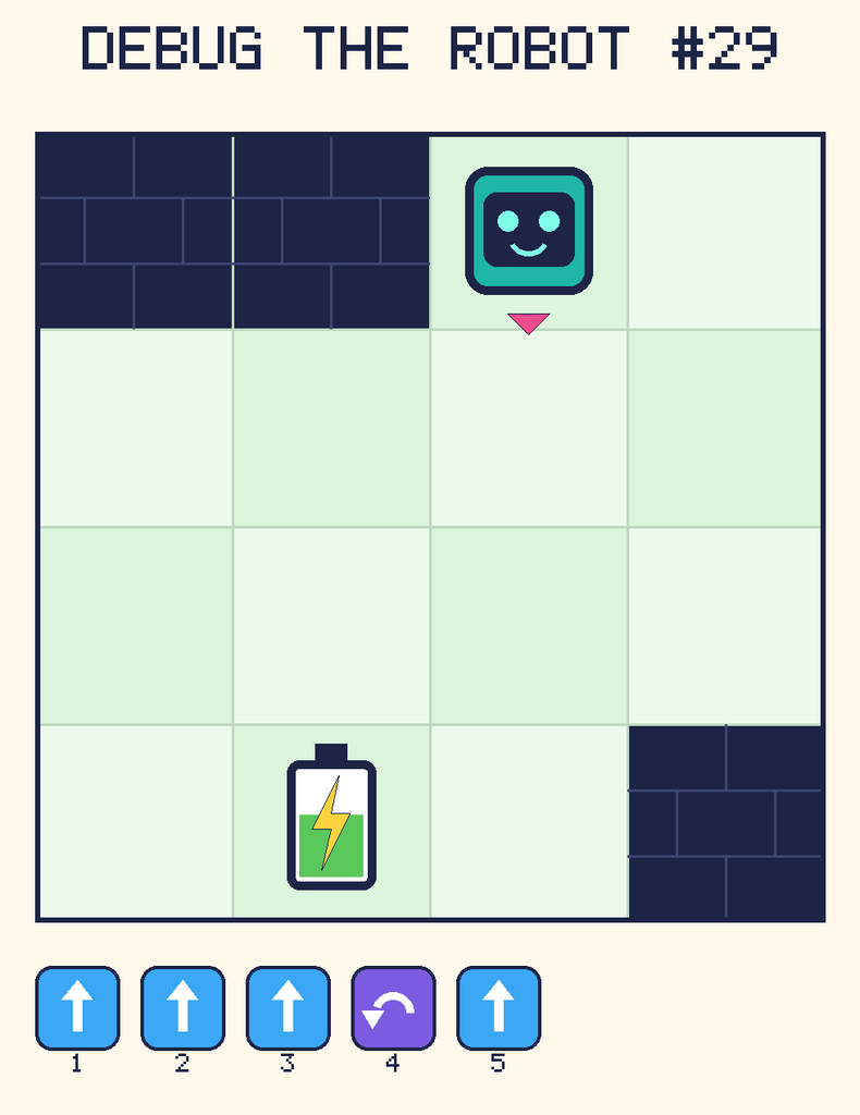 Debug the Robot 29. Beep starts at column 3, row 1, facing down. The battery is at column 2, row 4. Grid squares are counted from the top-left corner. Dark brick squares are walls.