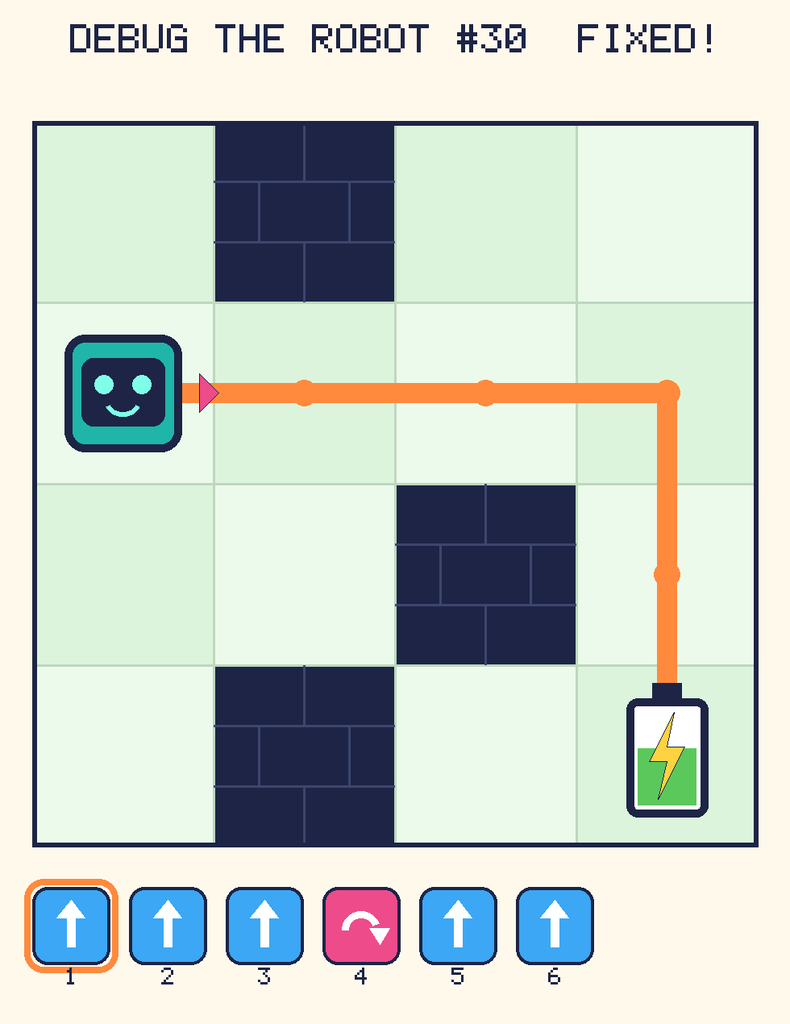 The fixed program, with Beep's route to the battery drawn as an orange line.