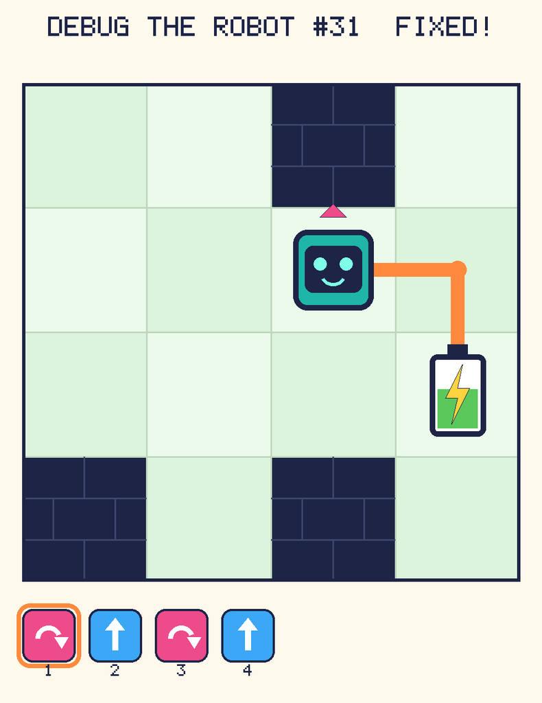 The fixed program, with Beep's route to the battery drawn as an orange line.