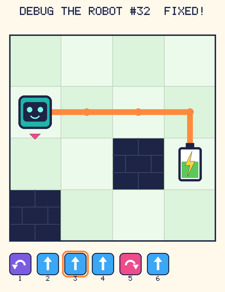 The fixed program, with Beep's route to the battery drawn as an orange line.