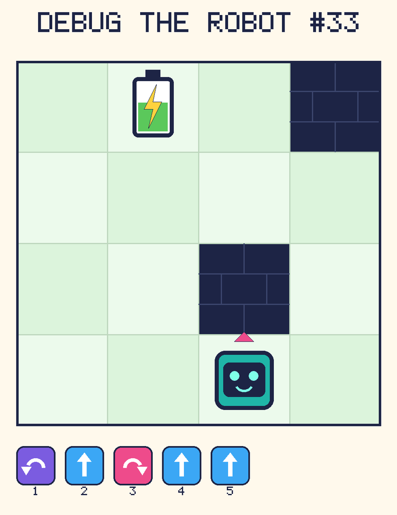 Debug the Robot 33. Beep starts at column 3, row 4, facing up. The battery is at column 2, row 1. Grid squares are counted from the top-left corner. Dark brick squares are walls.