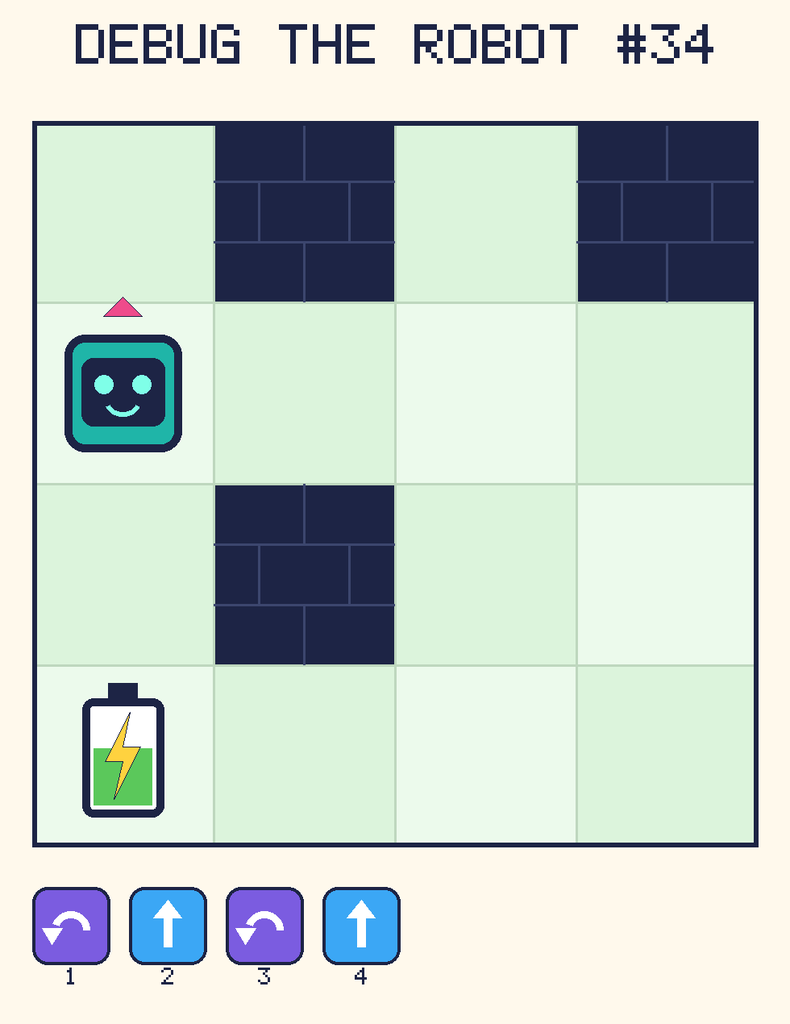 Debug the Robot 34. Beep starts at column 1, row 2, facing up. The battery is at column 1, row 4. Grid squares are counted from the top-left corner. Dark brick squares are walls.
