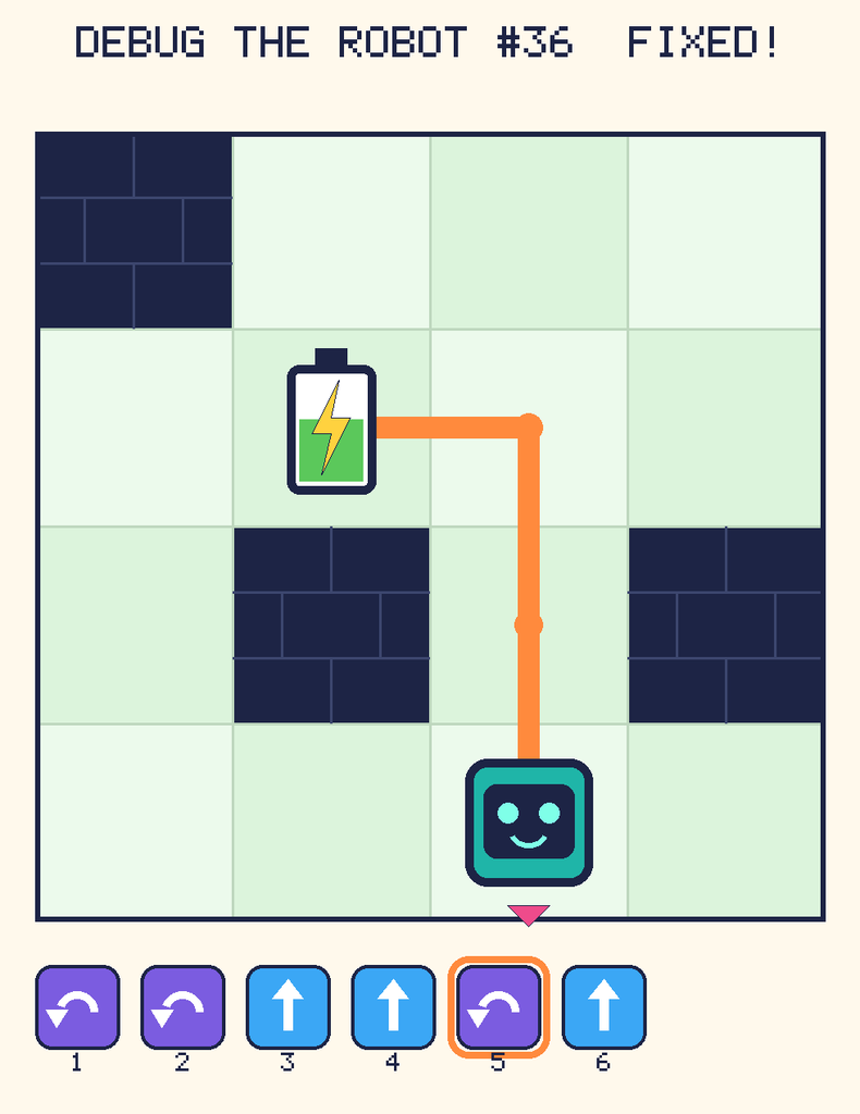 The fixed program, with Beep's route to the battery drawn as an orange line.