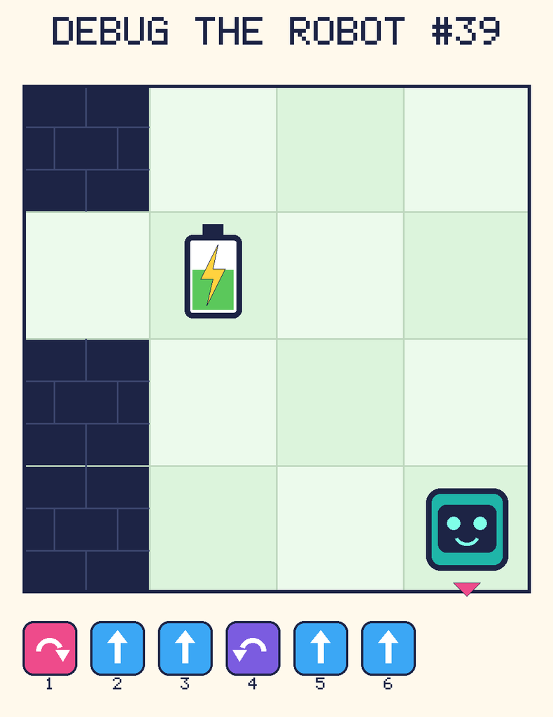 Debug the Robot 39. Beep starts at column 4, row 4, facing down. The battery is at column 2, row 2. Grid squares are counted from the top-left corner. Dark brick squares are walls.