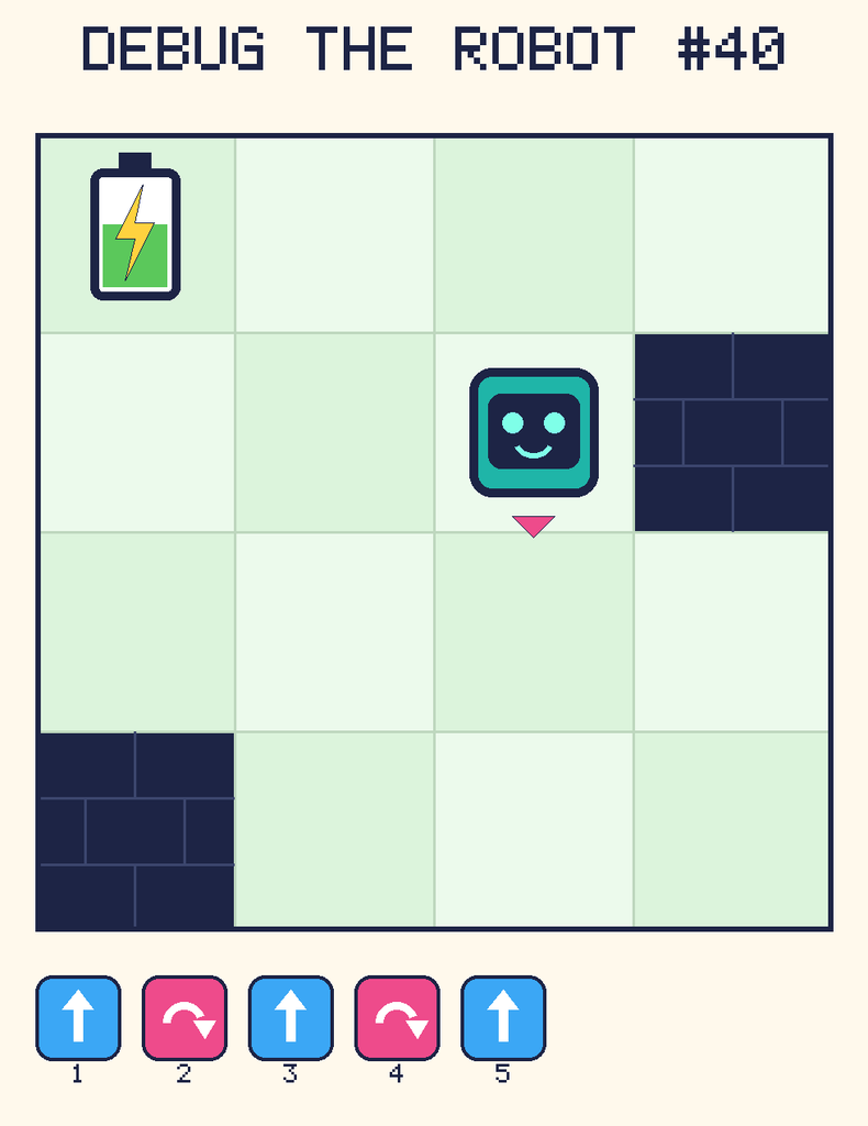 Debug the Robot 40. Beep starts at column 3, row 2, facing down. The battery is at column 1, row 1. Grid squares are counted from the top-left corner. Dark brick squares are walls.