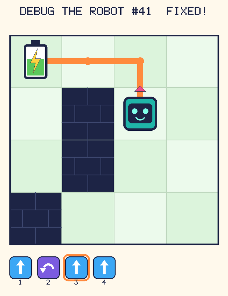 The fixed program, with Beep's route to the battery drawn as an orange line.