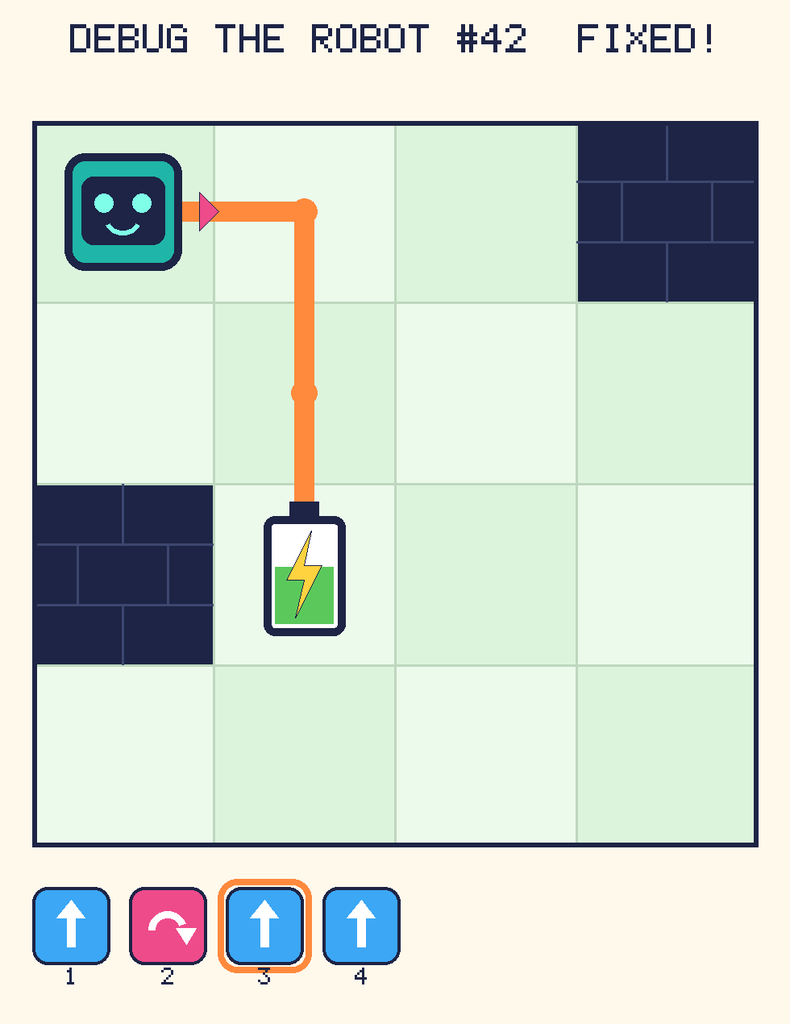 The fixed program, with Beep's route to the battery drawn as an orange line.