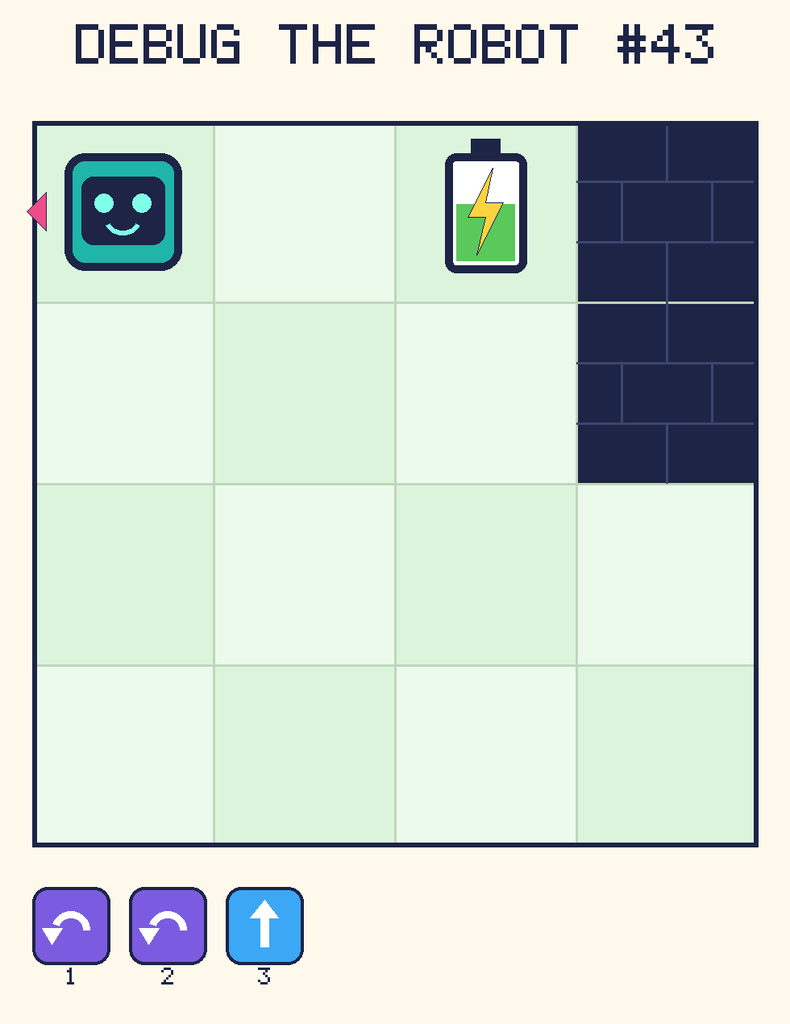Debug the Robot 43. Beep starts at column 1, row 1, facing left. The battery is at column 3, row 1. Grid squares are counted from the top-left corner. Dark brick squares are walls.