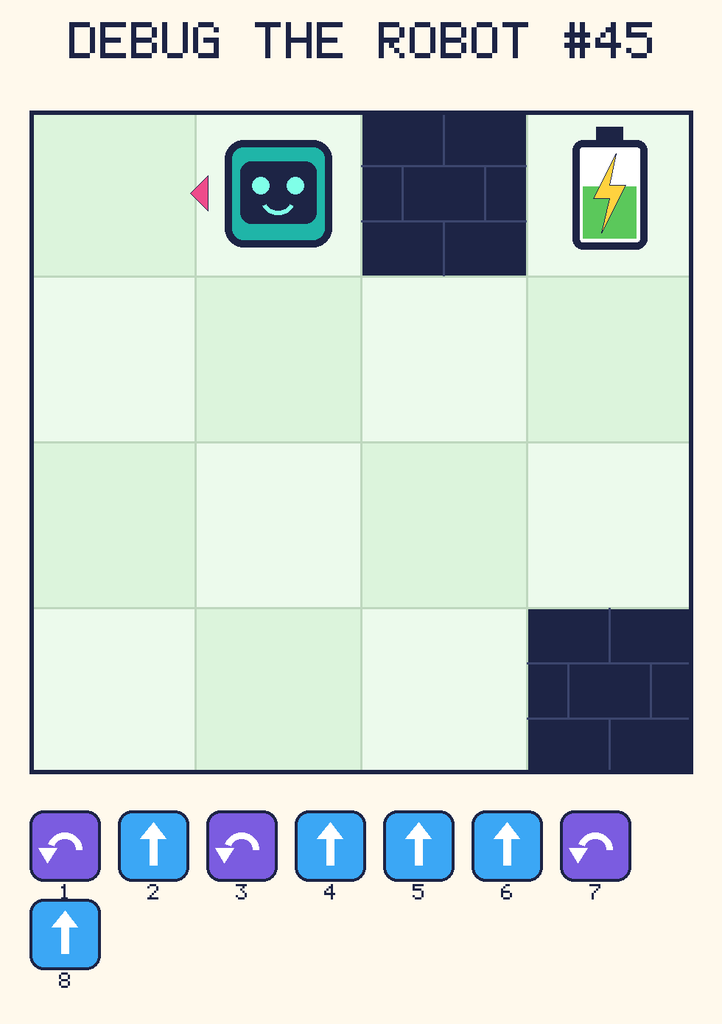 Debug the Robot 45. Beep starts at column 2, row 1, facing left. The battery is at column 4, row 1. Grid squares are counted from the top-left corner. Dark brick squares are walls.