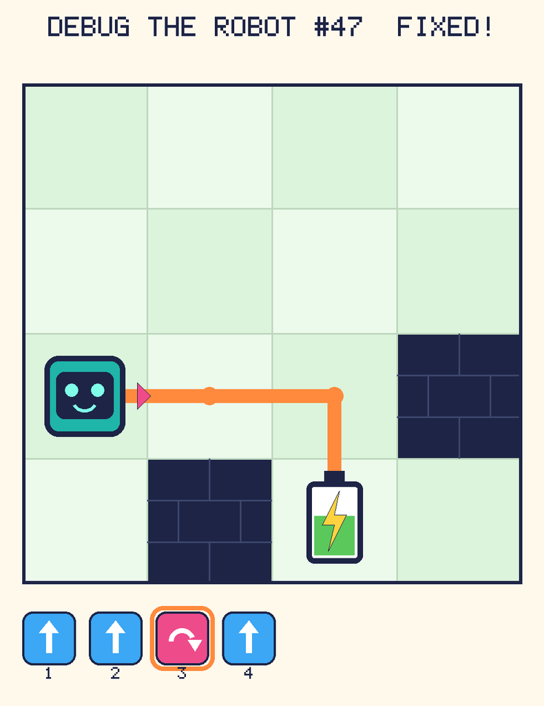 The fixed program, with Beep's route to the battery drawn as an orange line.