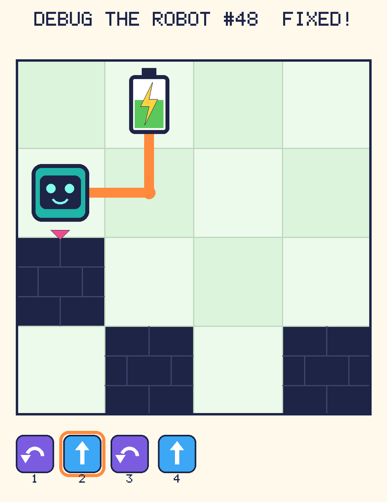 The fixed program, with Beep's route to the battery drawn as an orange line.