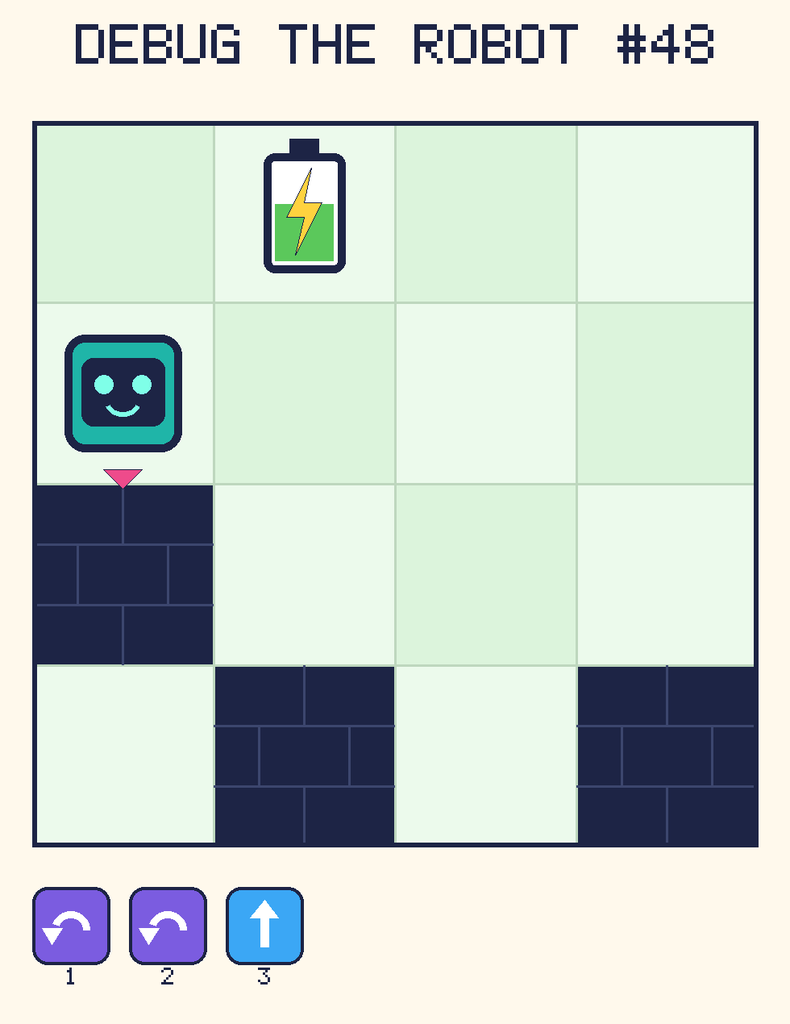 Debug the Robot 48. Beep starts at column 1, row 2, facing down. The battery is at column 2, row 1. Grid squares are counted from the top-left corner. Dark brick squares are walls.