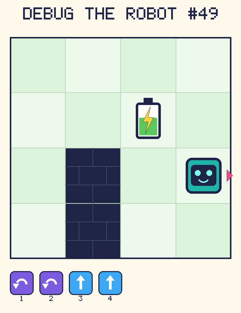 Debug the Robot 49. Beep starts at column 4, row 3, facing right. The battery is at column 3, row 2. Grid squares are counted from the top-left corner. Dark brick squares are walls.