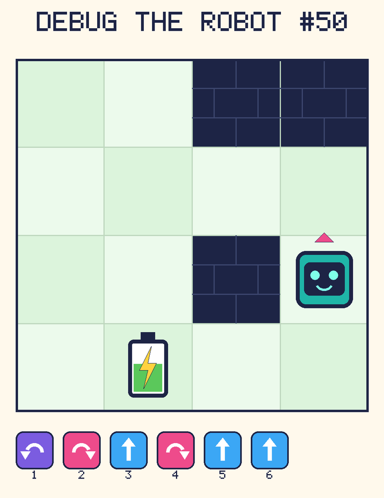Debug the Robot 50. Beep starts at column 4, row 3, facing up. The battery is at column 2, row 4. Grid squares are counted from the top-left corner. Dark brick squares are walls.