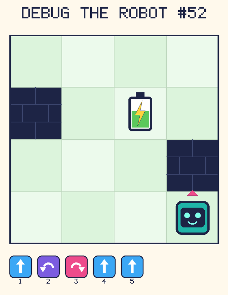 Debug the Robot 52. Beep starts at column 4, row 4, facing up. The battery is at column 3, row 2. Grid squares are counted from the top-left corner. Dark brick squares are walls.