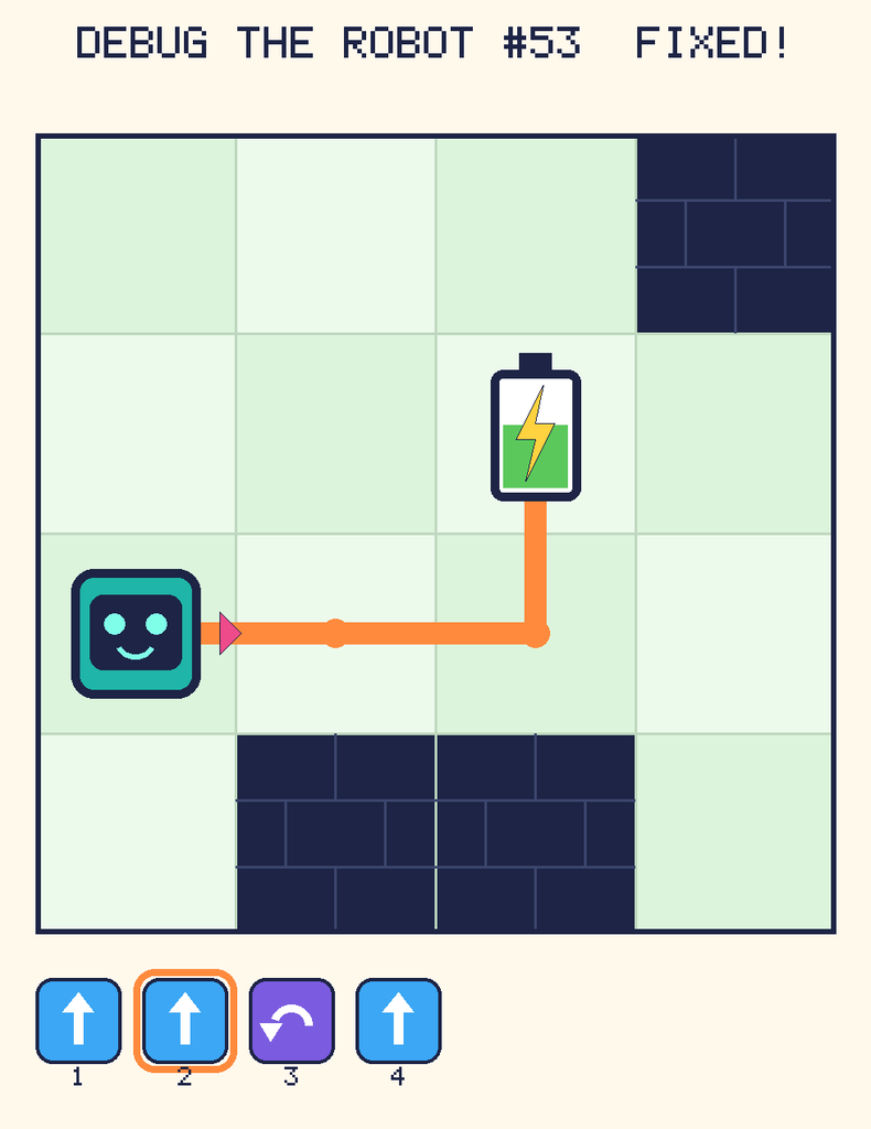 The fixed program, with Beep's route to the battery drawn as an orange line.