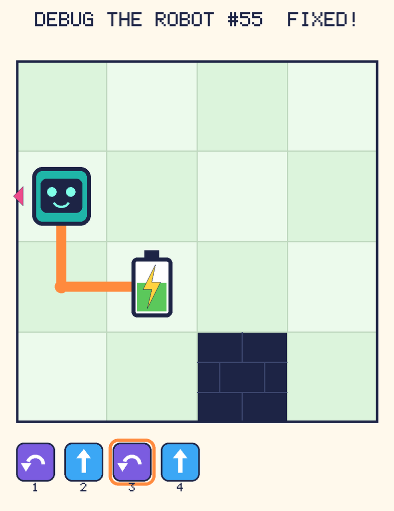 The fixed program, with Beep's route to the battery drawn as an orange line.