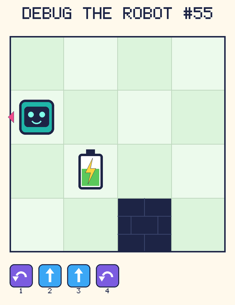 Debug the Robot 55. Beep starts at column 1, row 2, facing left. The battery is at column 2, row 3. Grid squares are counted from the top-left corner. Dark brick squares are walls.