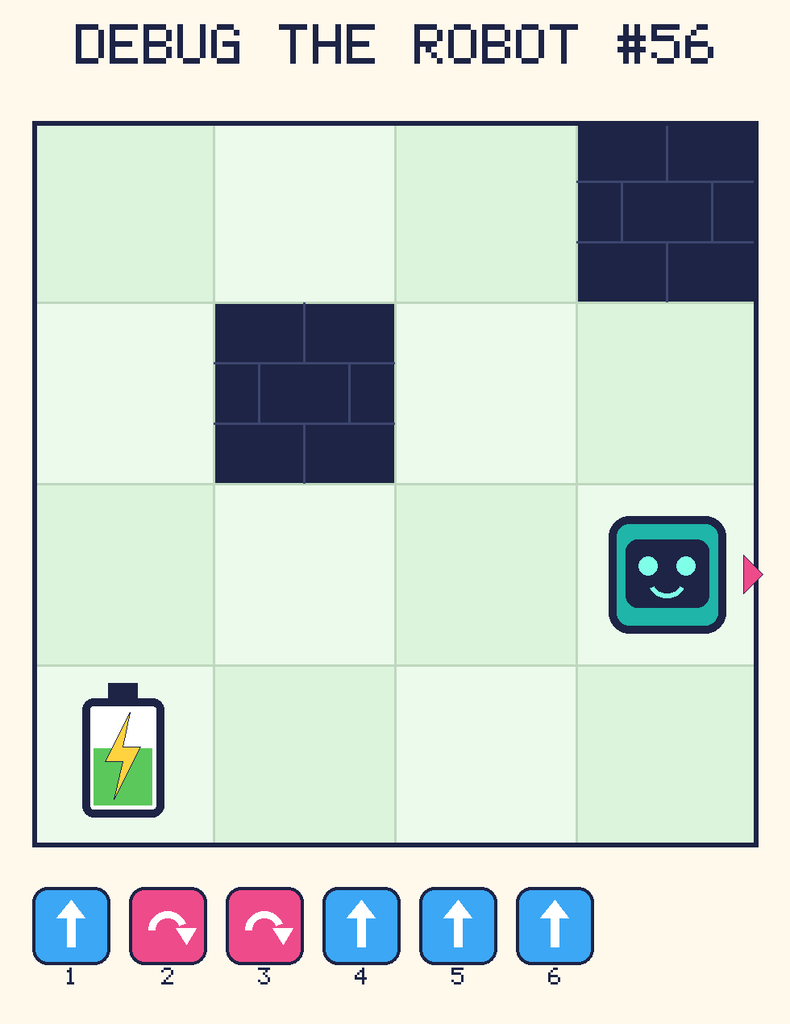 Debug the Robot 56. Beep starts at column 4, row 3, facing right. The battery is at column 1, row 4. Grid squares are counted from the top-left corner. Dark brick squares are walls.