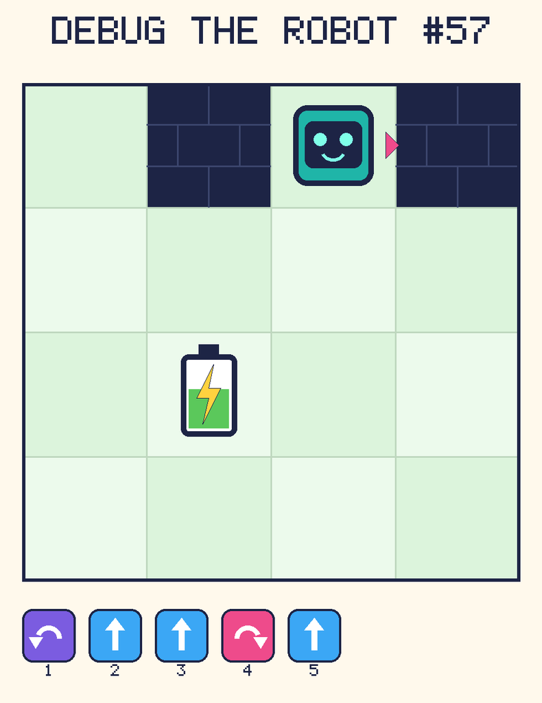 Debug the Robot 57. Beep starts at column 3, row 1, facing right. The battery is at column 2, row 3. Grid squares are counted from the top-left corner. Dark brick squares are walls.