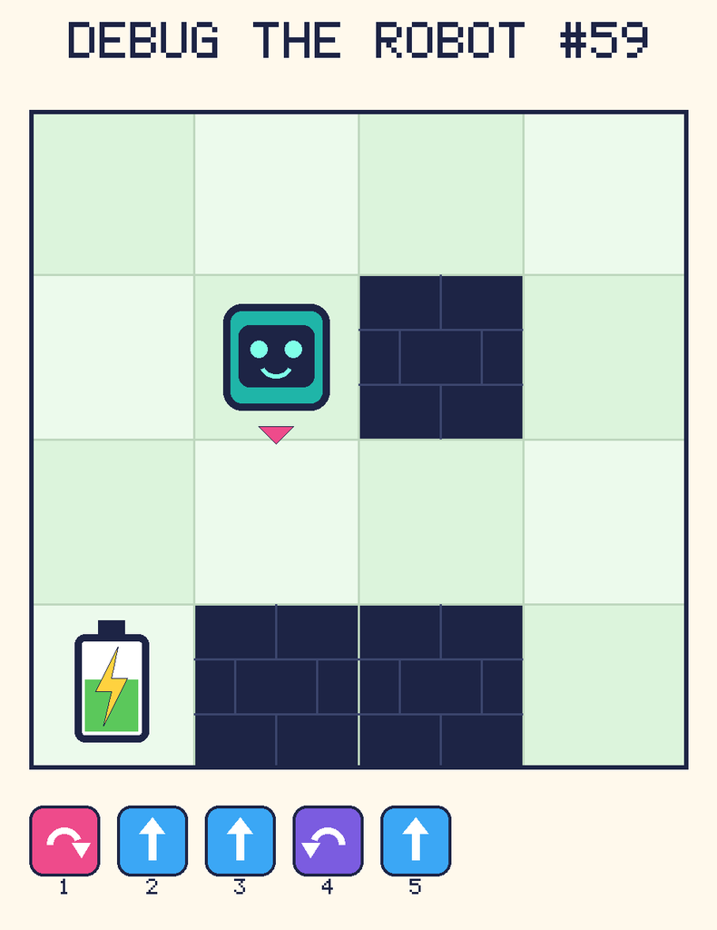 Debug the Robot 59. Beep starts at column 2, row 2, facing down. The battery is at column 1, row 4. Grid squares are counted from the top-left corner. Dark brick squares are walls.