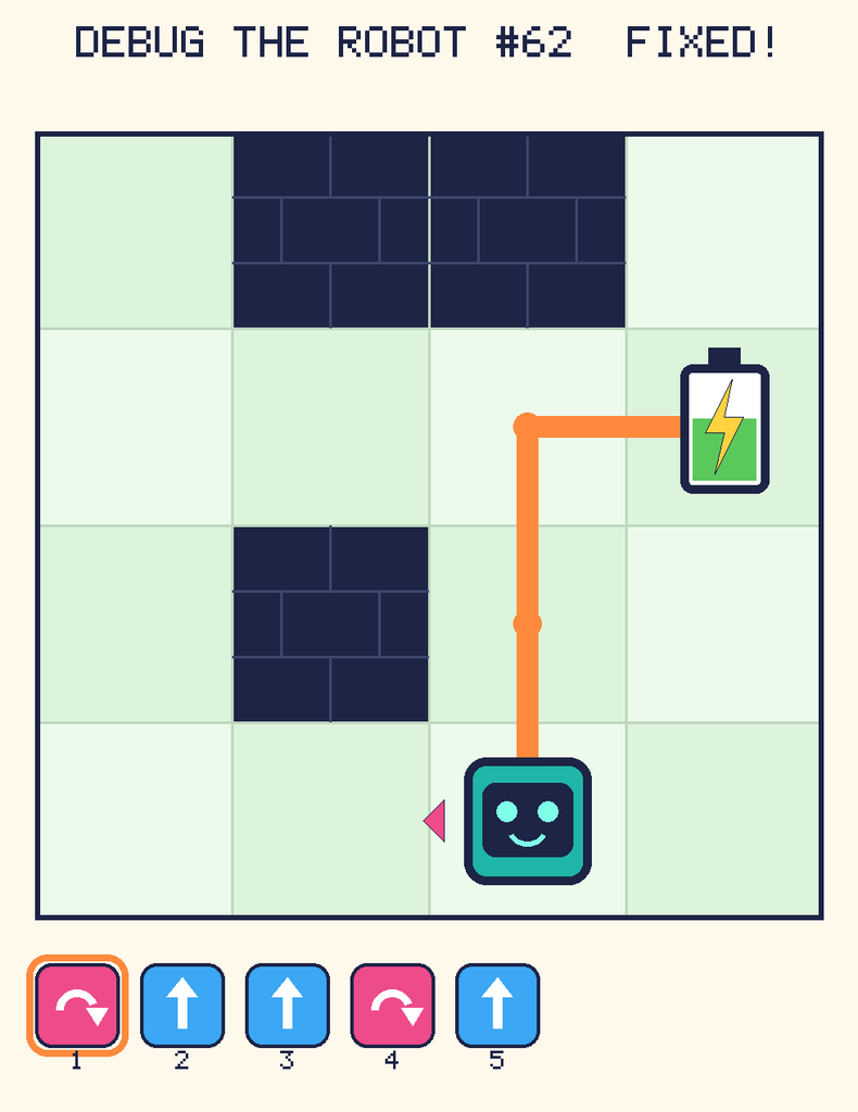 The fixed program, with Beep's route to the battery drawn as an orange line.