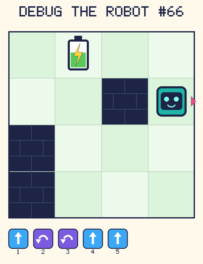 Debug the Robot 66. Beep starts at column 4, row 2, facing right. The battery is at column 2, row 1. Grid squares are counted from the top-left corner. Dark brick squares are walls.