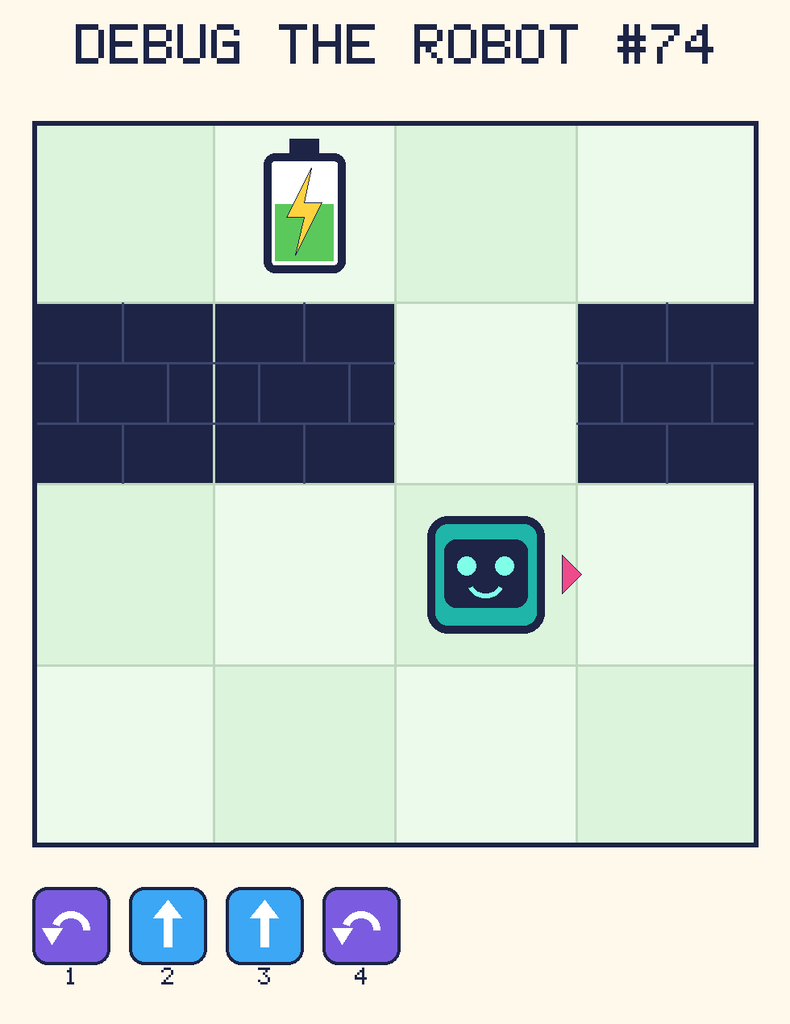 Debug the Robot 74. Beep starts at column 3, row 3, facing right. The battery is at column 2, row 1. Grid squares are counted from the top-left corner. Dark brick squares are walls.