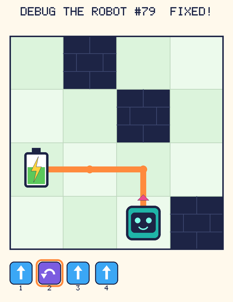 The fixed program, with Beep's route to the battery drawn as an orange line.