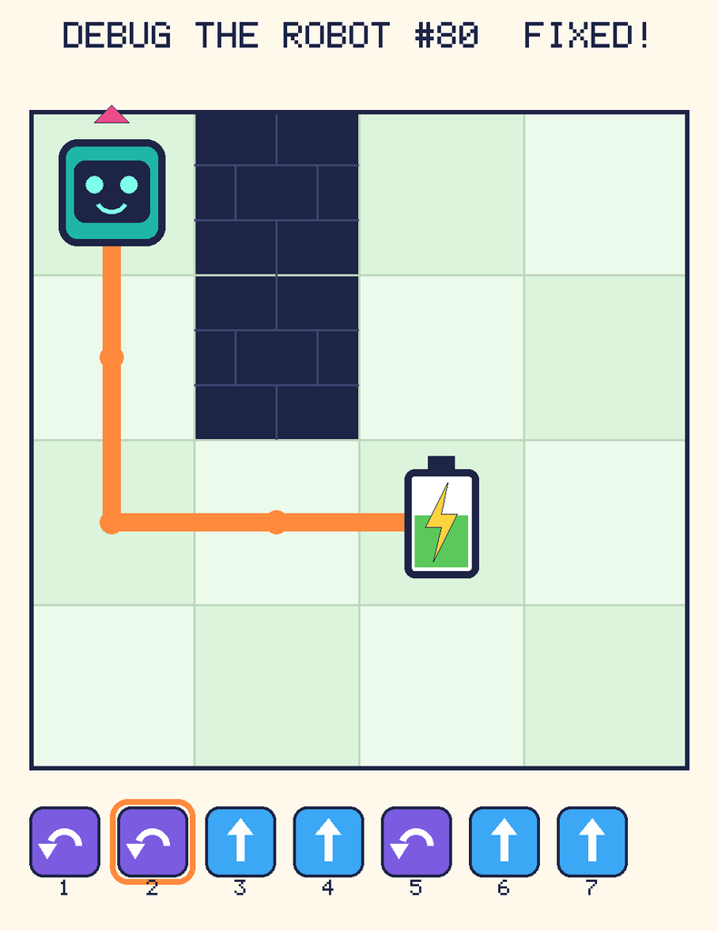 The fixed program, with Beep's route to the battery drawn as an orange line.