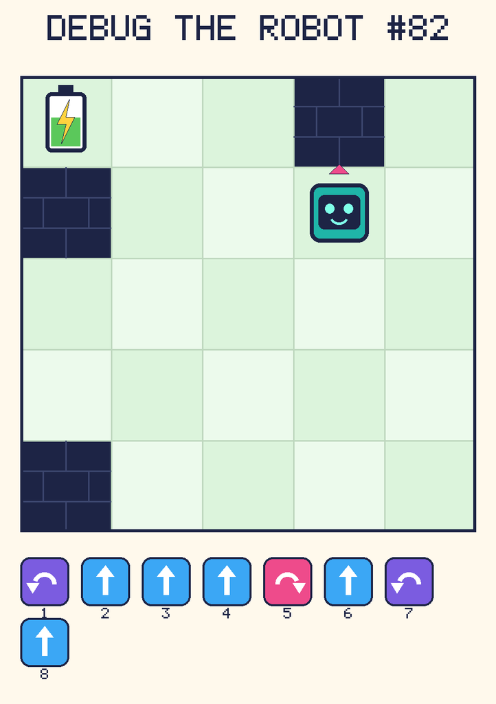 Debug the Robot 82. Beep starts at column 4, row 2, facing up. The battery is at column 1, row 1. Grid squares are counted from the top-left corner. Dark brick squares are walls.