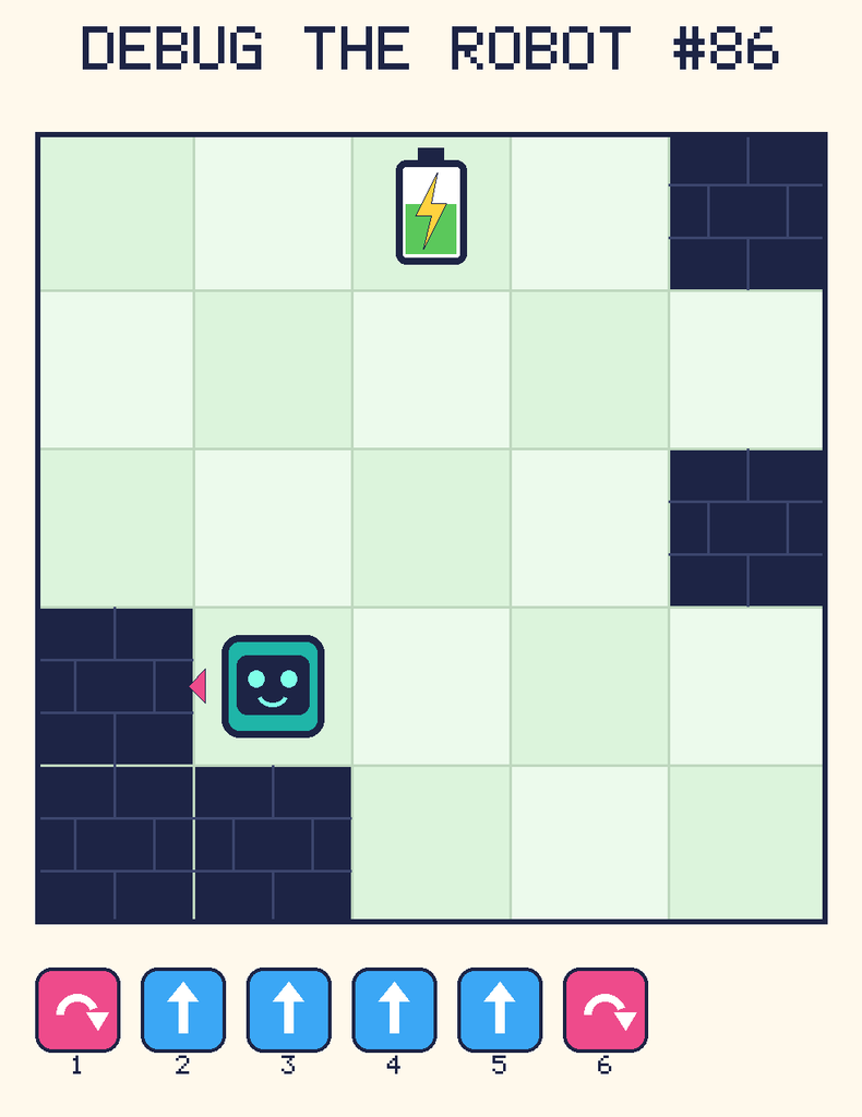 Debug the Robot 86. Beep starts at column 2, row 4, facing left. The battery is at column 3, row 1. Grid squares are counted from the top-left corner. Dark brick squares are walls.