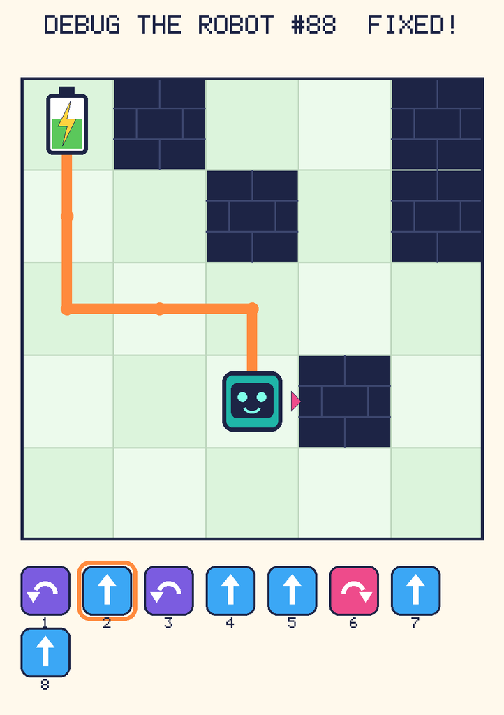 The fixed program, with Beep's route to the battery drawn as an orange line.