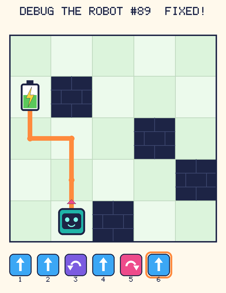 The fixed program, with Beep's route to the battery drawn as an orange line.