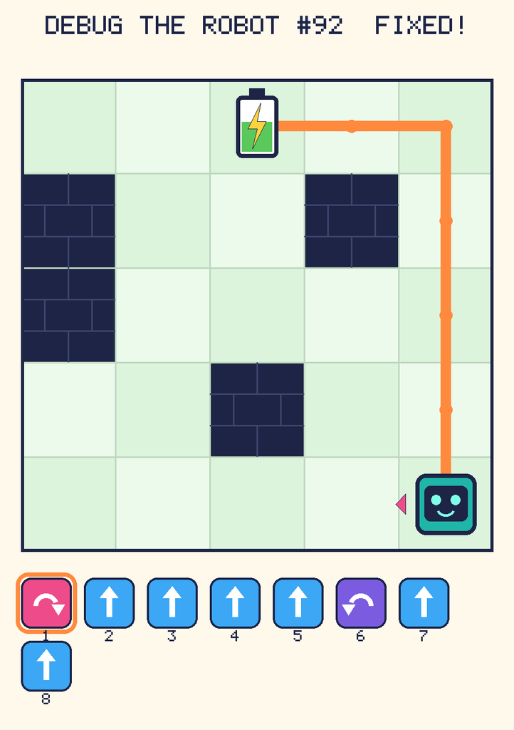 The fixed program, with Beep's route to the battery drawn as an orange line.