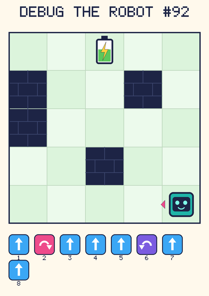 Debug the Robot 92. Beep starts at column 5, row 5, facing left. The battery is at column 3, row 1. Grid squares are counted from the top-left corner. Dark brick squares are walls.